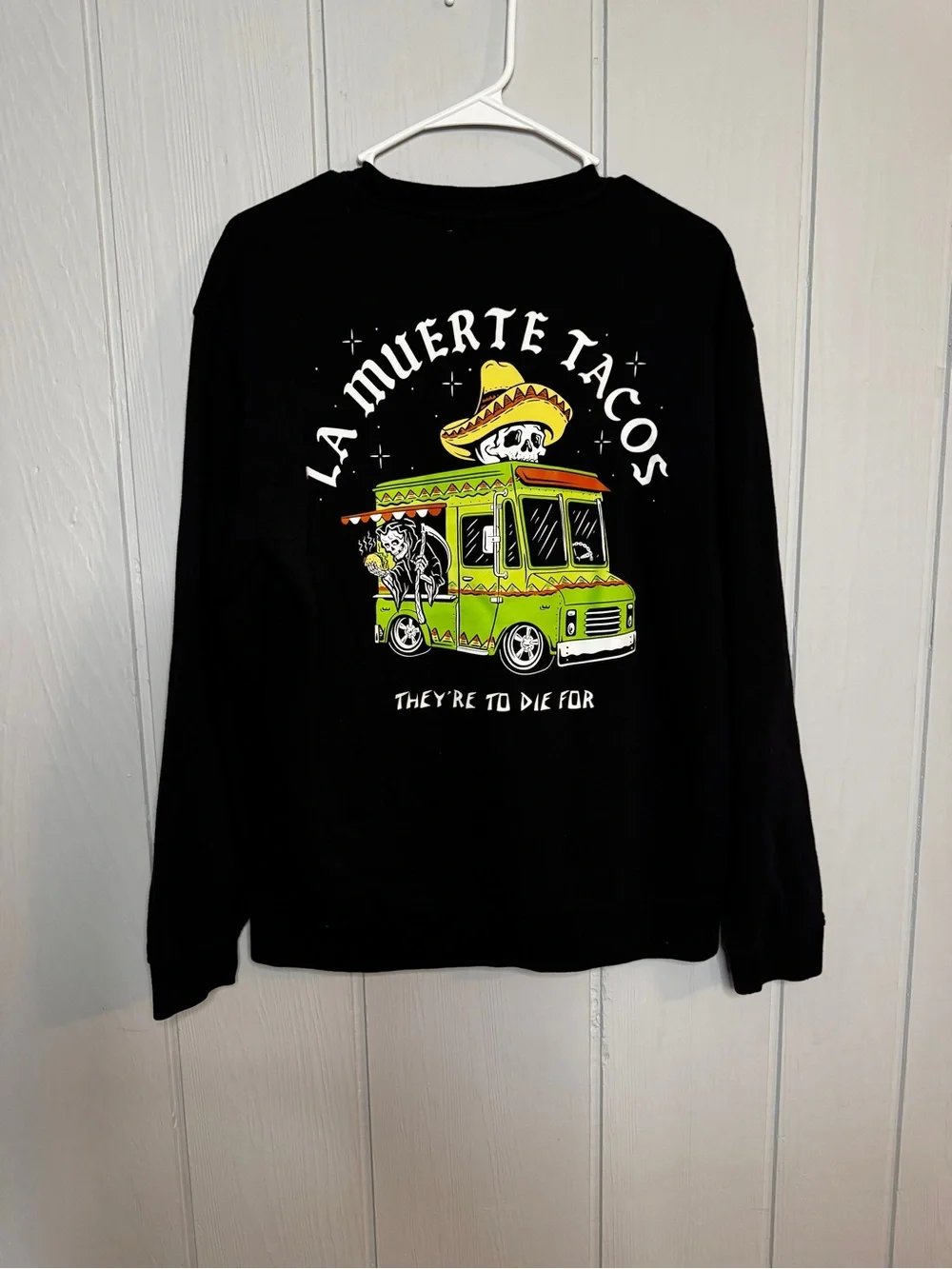 Retrofit Black Crewneck Sweatshirt with White La Huerta Taco Logo